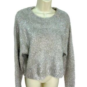 Z Supply Tinseltown Silver Metallic Slightly Cropped LS Sweater Brand New